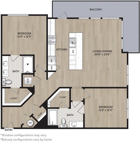 Floor plan for 2 beds, 2 baths, 1240 sqft